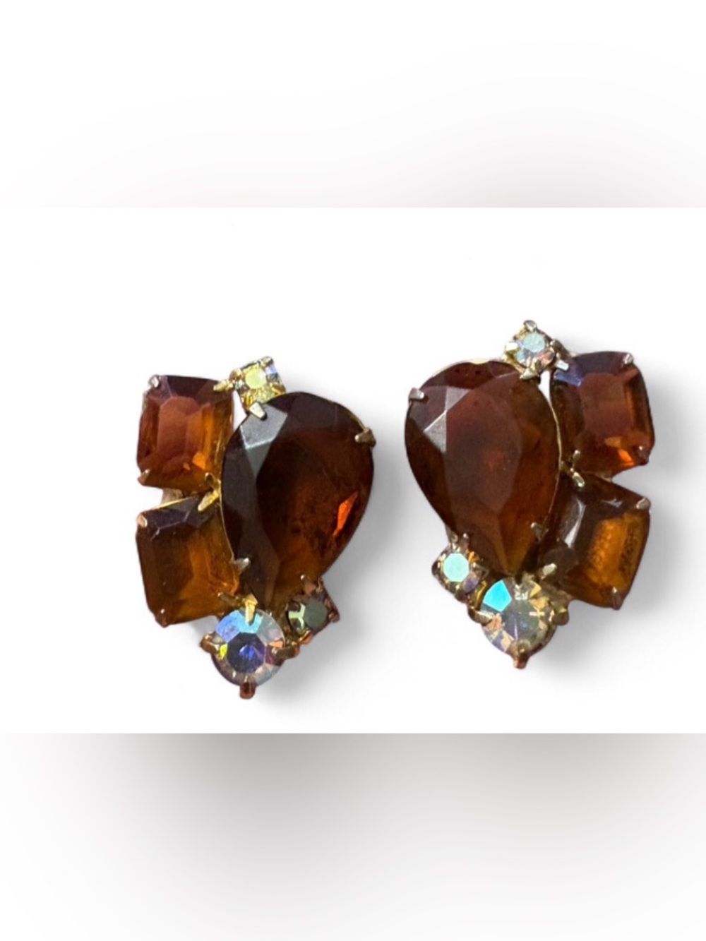 Vintage 1950s Topaz Rhinestone Cluster Clip On Earrings Amber Gold Mid Century - Picture 3 of 5